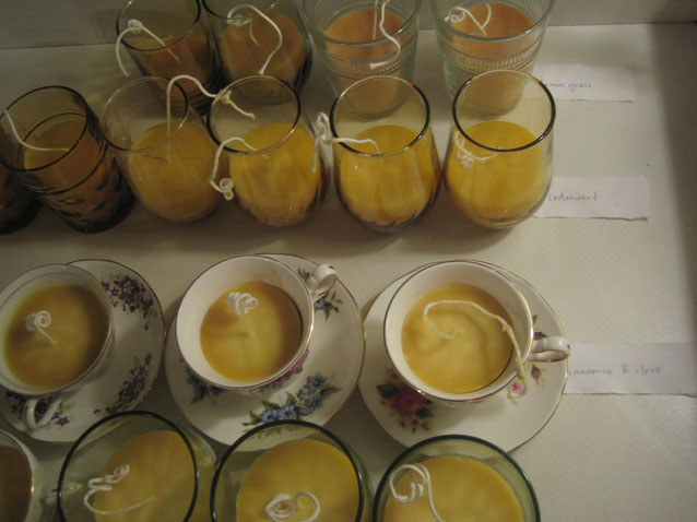 Finished candles before the wicks were trimmed. The scents were Lemongrass, Cedarwood, and Cinnamon & Clove.