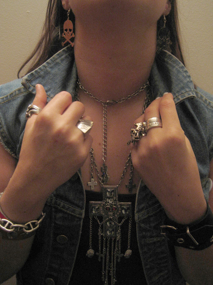 KISSconcert4 Necklace: Butler and Wilson. Rings: Vivienne Westwood, Harley Davidson, Dougal Graham, and one I found at Value Village. Bracelet: Hermes. Cuffs: part of a Burberry trench, vintage 80s leather cuff. Earrings: can't remember.